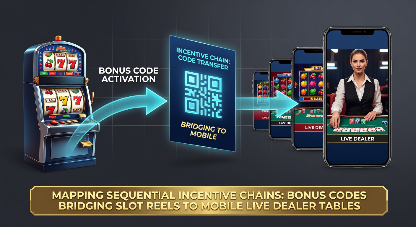 Flowchart graphic illustrating bonus code sequence from slot reels to live dealer tables on mobile screens