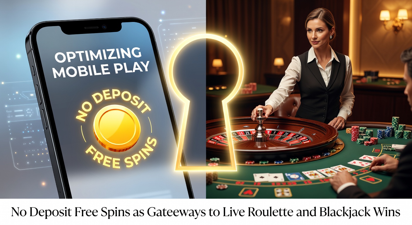 Smartphone screen displaying no deposit free spins leading to live roulette tables on a mobile casino app