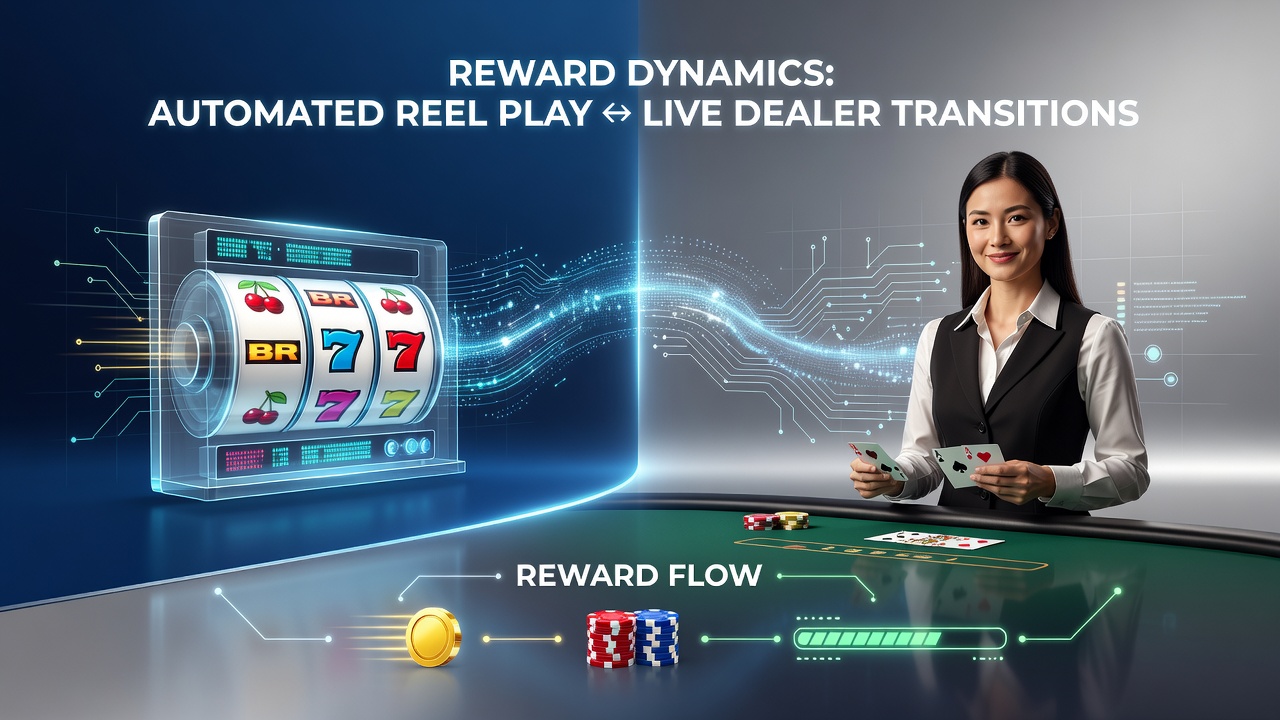 Digital casino interface showing automated reel slots transitioning to live dealer tables with bonus indicators