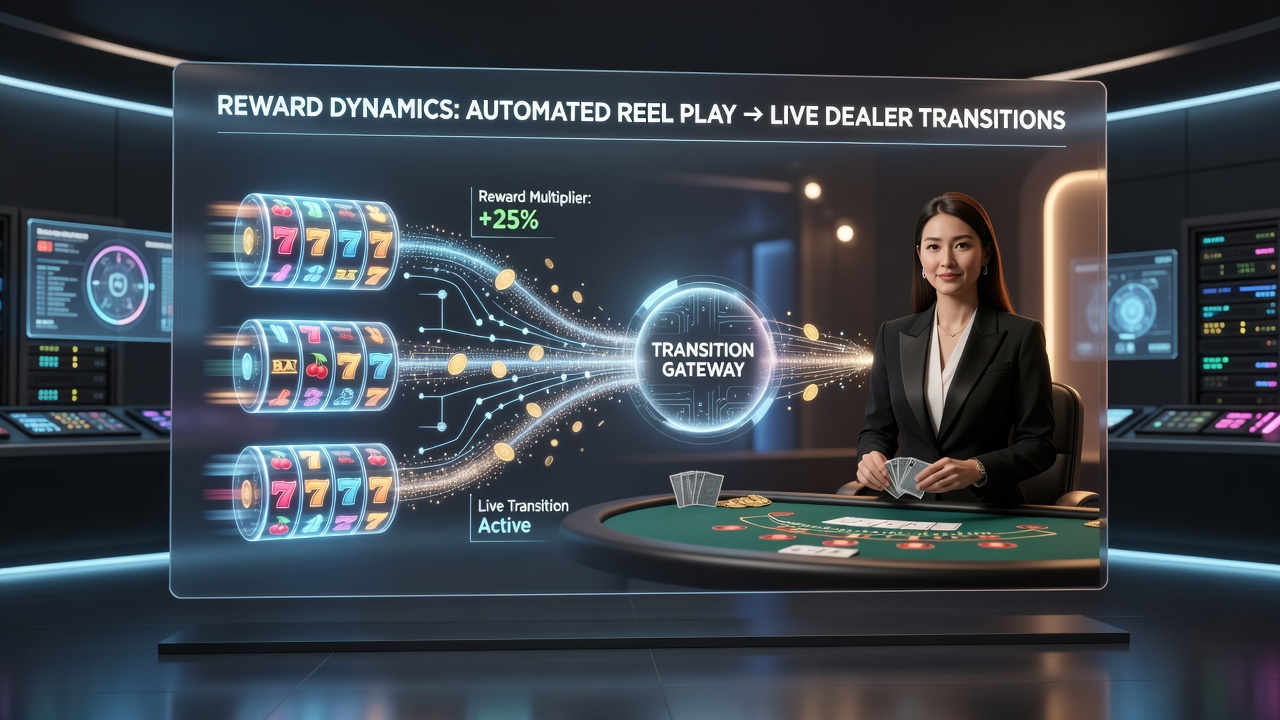 Analytics dashboard displaying reward flow from slot reels to live dealer blackjack and roulette sessions