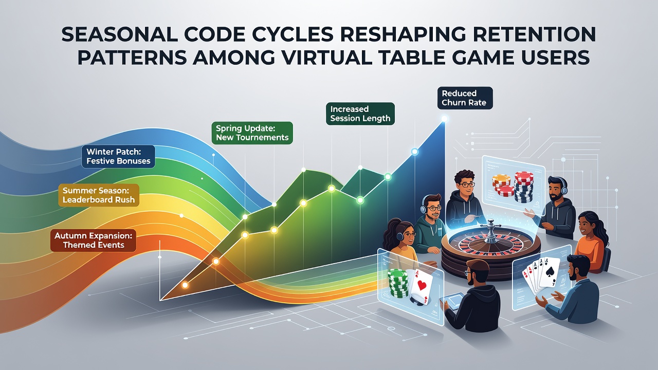 Analytics dashboard displaying retention curves and seasonal code redemption rates for virtual table game users across multiple quarters