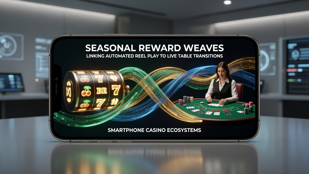 Smartphone displaying interconnected slot reels transitioning into live dealer table interfaces within a casino app ecosystem