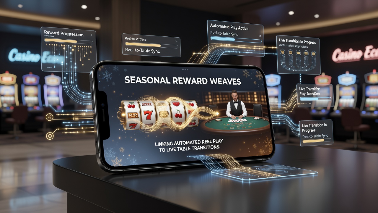 Mobile interface showing seasonal reward progress bar connecting slot reel completion to live blackjack and roulette table access