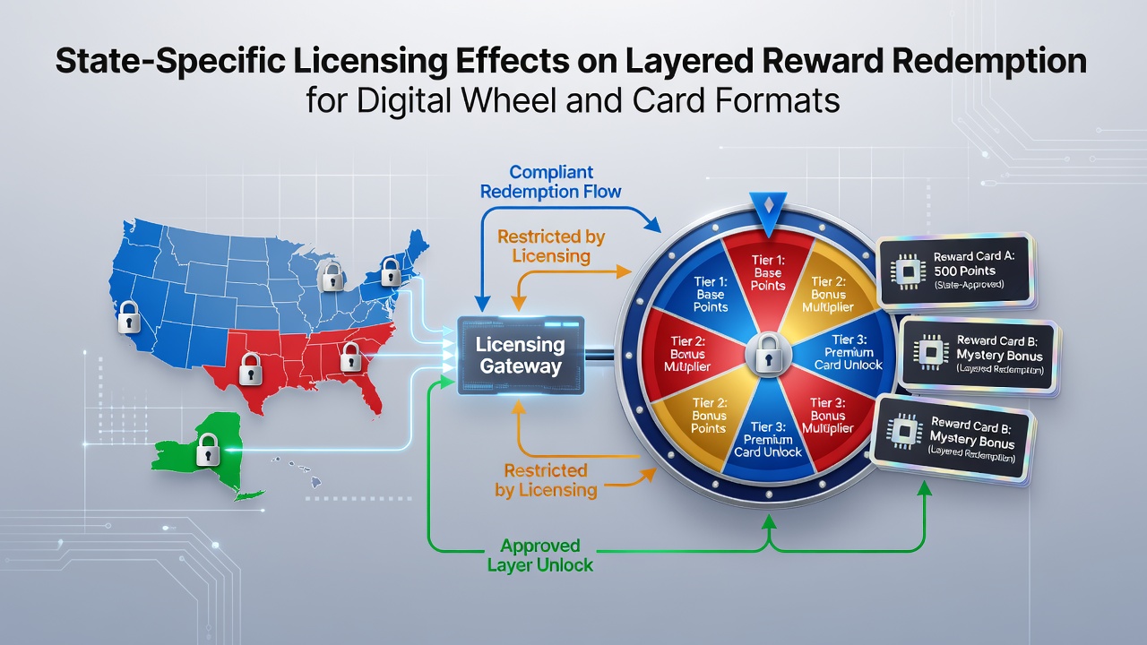 Digital wheel and card game interfaces showing layered reward systems under state licensing