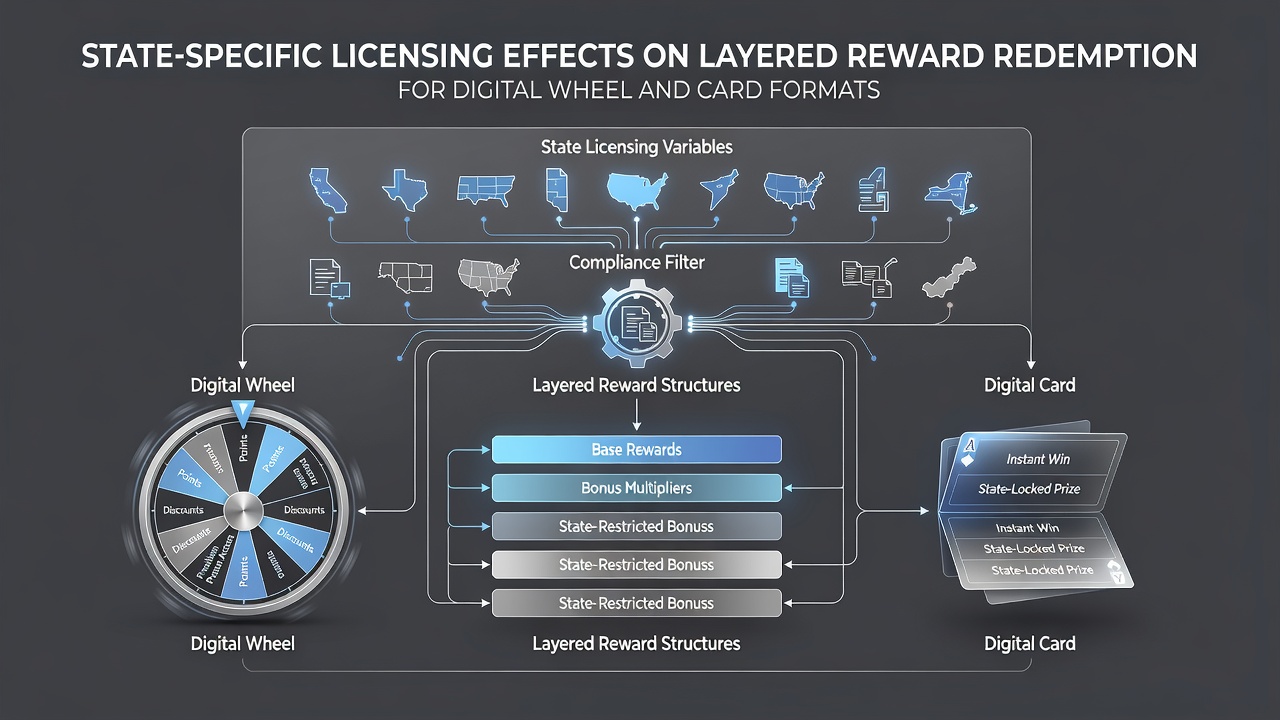 Regulatory documents and digital interfaces illustrating state licensing impacts on reward redemption
