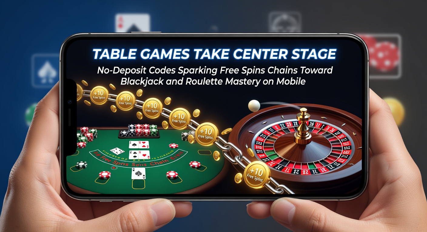 Mobile screen showing a no-deposit bonus activation leading to free spins on slots, with blackjack table in background