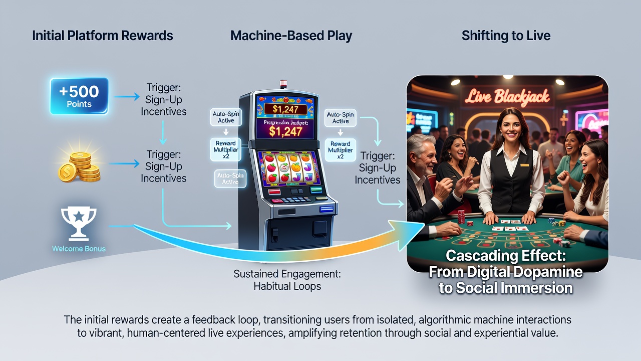 User journey diagram in a portable casino app illustrating reward progression from slots to live dealer tables
